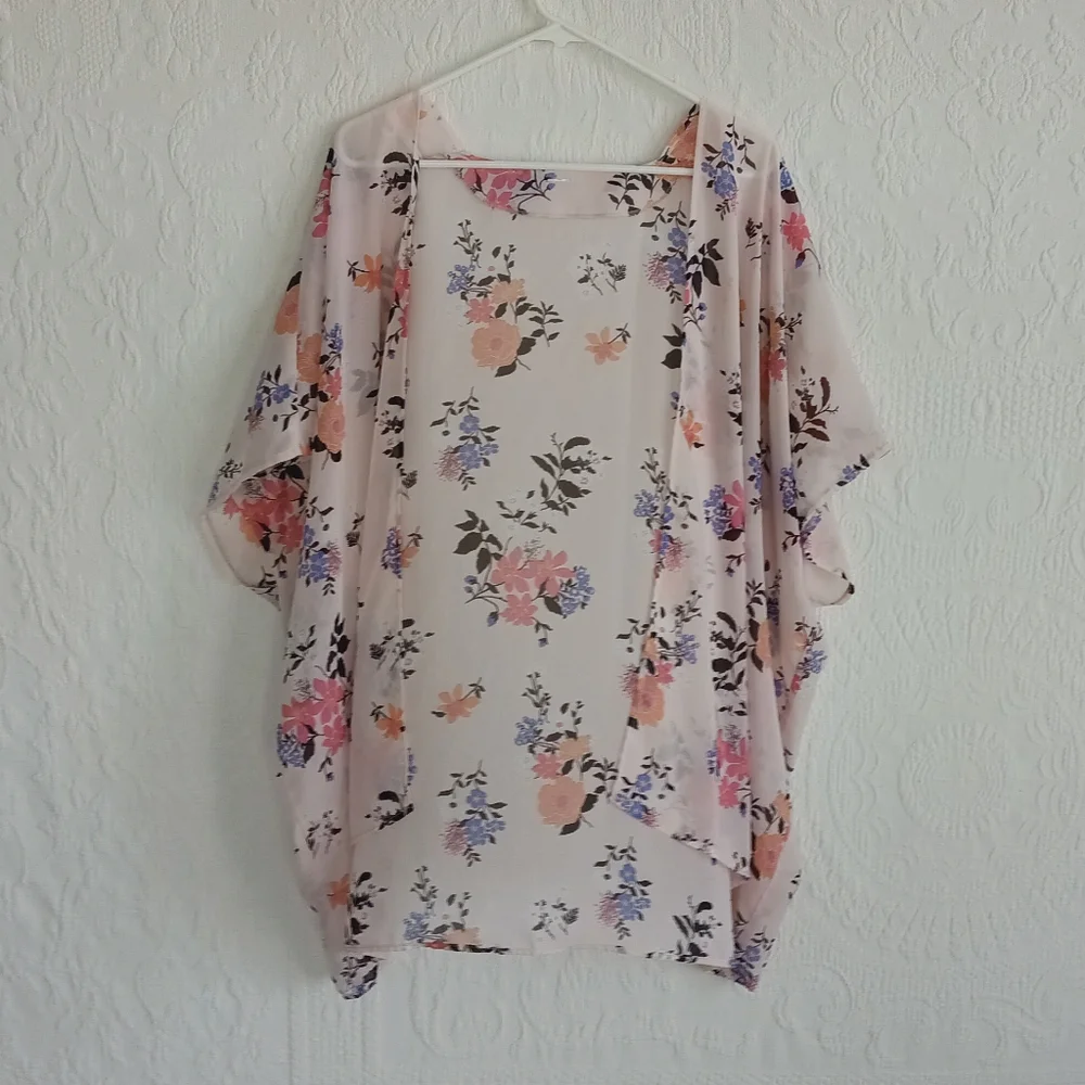Pink Floral Sheer Kimono Wrap Elegant Soft Girl Femme Flowy Pastel Airy Light OS